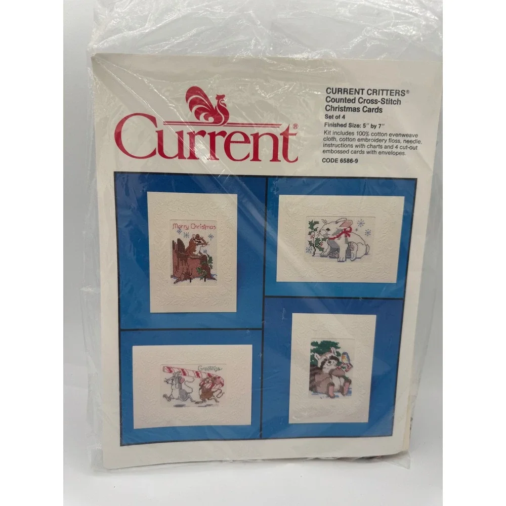 Vintage 1988 Current Critters Counted Cross Stitch Christmas Cards Kit Set of 4